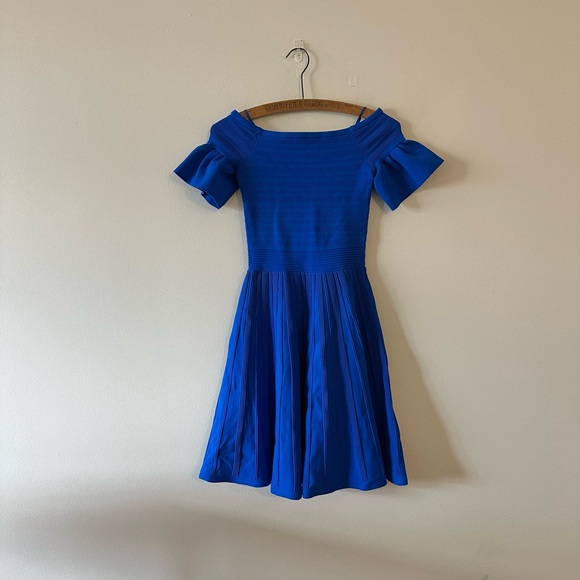 TED BAKER Bardot Frill Knitted Off-the-Shoulder Skater Dress Criptum Blue 0/US 2 - Picture 1 of 10